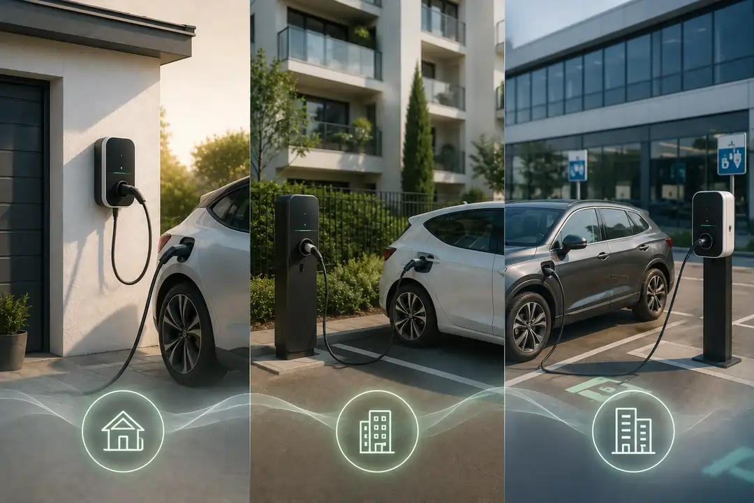 Borne de recharge pour véhicule électrique installée dans un garage