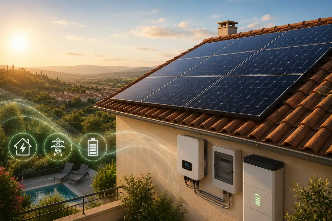 Panneaux solaires photovoltaïques installés sur un toit sous un ciel bleu