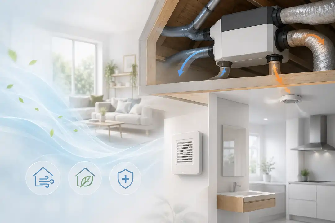 Réseau de gaines de ventilation VMC dans un local technique